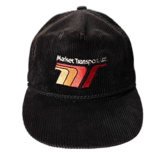 VTG Black Corduroy Mens Hat Cap Embroidered Orange Rainbow‎ Market Transport USA - Picture 1 of 9
